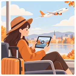 在機場候機的旅客用平板觀看影片