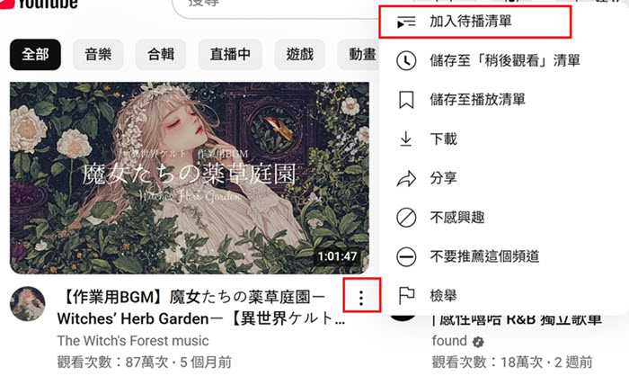 YouTube 影片加入待播清單