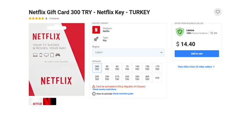 購買 Netflix 土耳其禮品卡