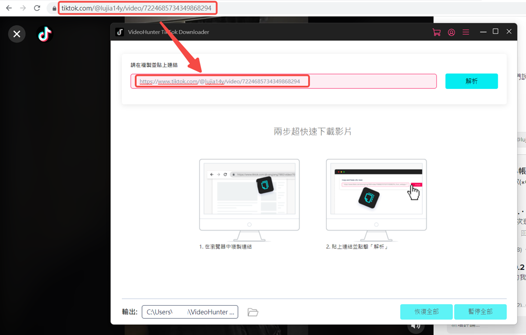 複雜並粘貼 TikTok 影片連結