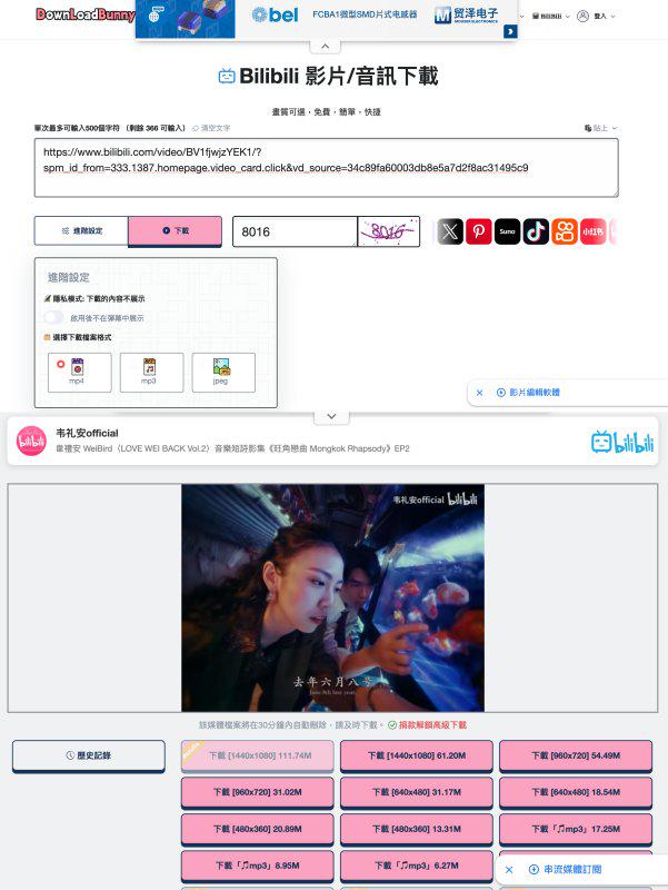 DLBunny 下載 Bilibili 影片 MP4
