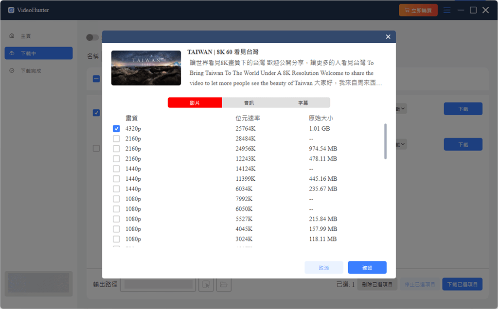 VideoHunter 支援自訂畫質