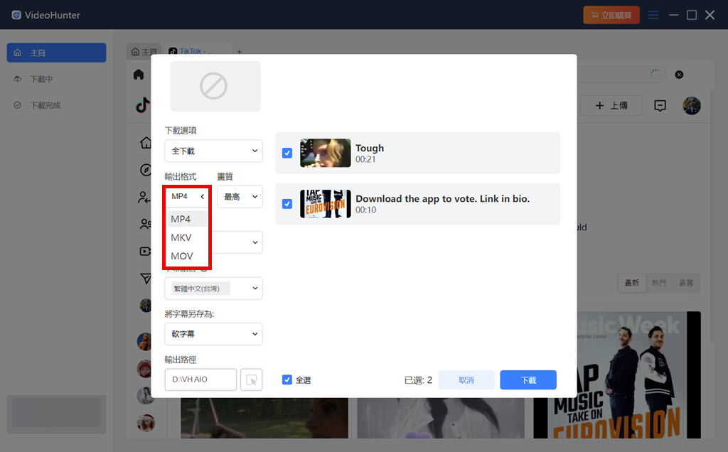 選擇 TikTok 影片下載格式
