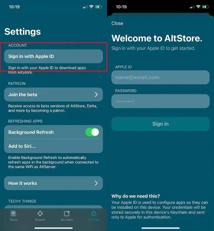 在 AltStore 中登入 Apple ID