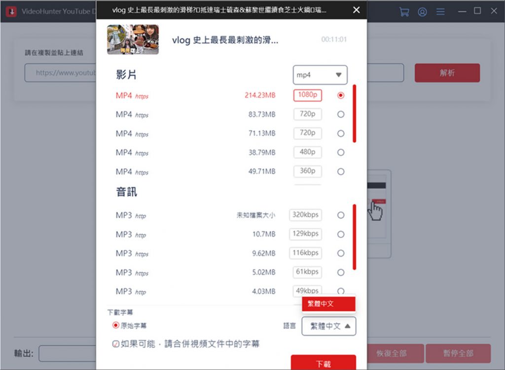 VideoHunter 下載 YouTube 字幕