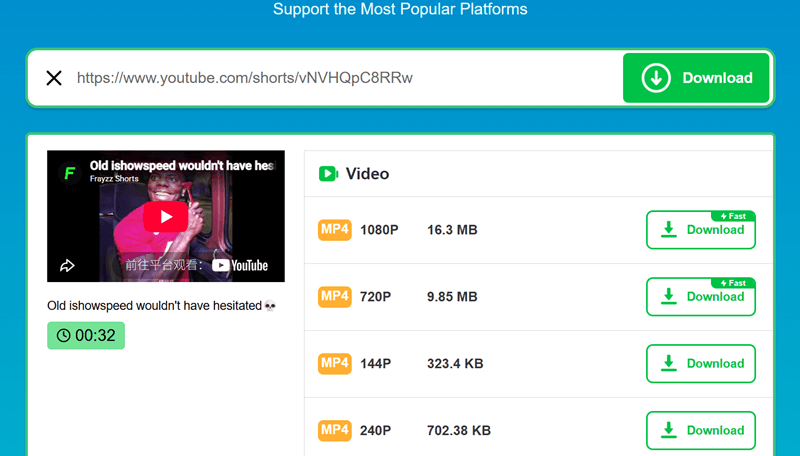 VidsSave 網站下載介面
