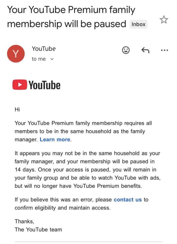 YouTube Premium 家庭方案警告信